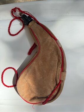 Suede Leather Wine Bota Bag with Red Rope Trim made in Spain